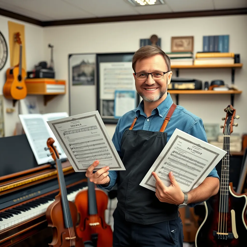 A professional music teacher holding a B.Sc. diploma and teaching certificates, surrounded by musical instruments like a piano, guitar, violin, and sheet music, in a well-organized music studio in Dallas.