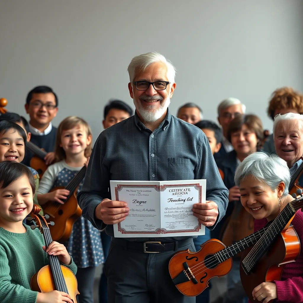 A professional music teacher holding teaching certificates and a degree, surrounded by students of various ages, from young children to elderly individuals, all smiling and playing different musical instruments.