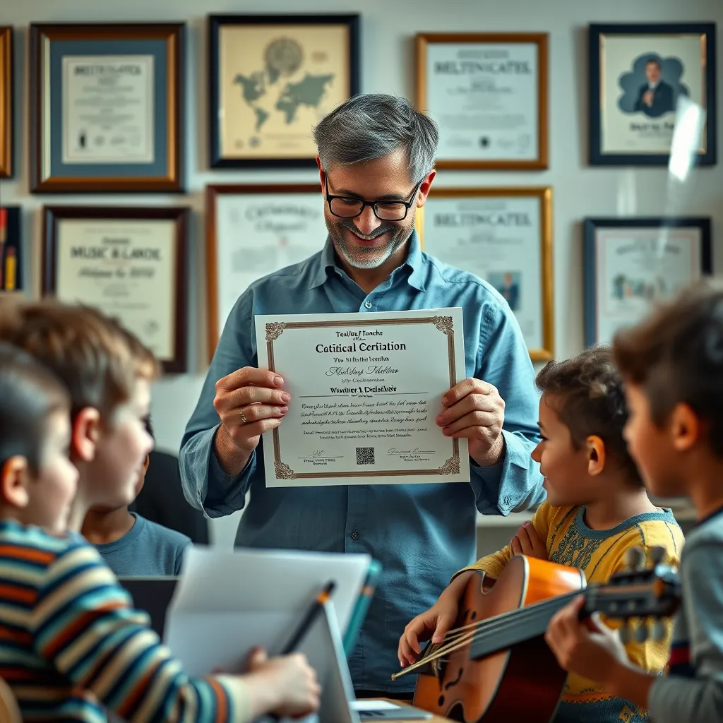 A professional music teacher holding a teaching certificate and a degree, interacting enthusiastically with students of various ages. The background includes framed achievements and happy, engaged students learning music.