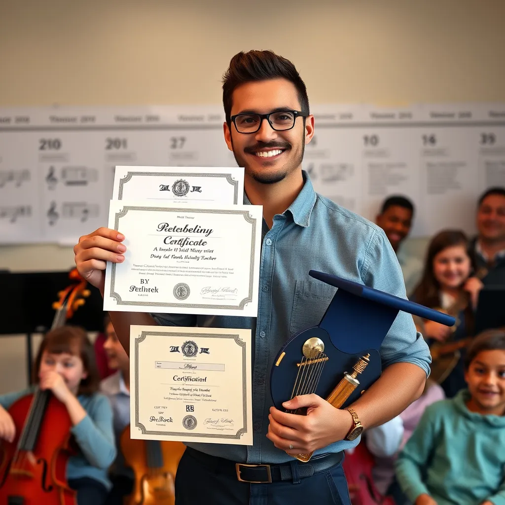 A professional music teacher presenting teaching certificates and a B.Sc. in music degree, with a background showing a timeline highlighting key milestones since 2016 and happy students with their musical instruments.