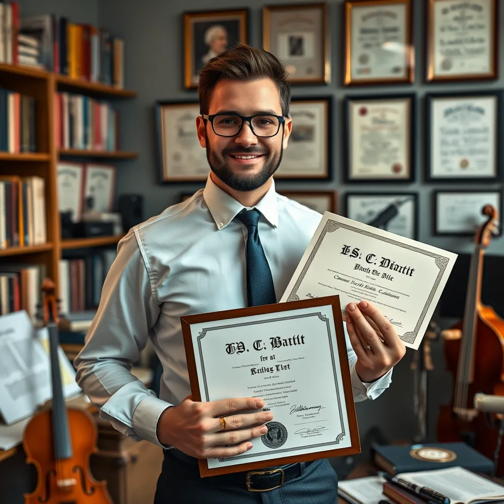A professional musician holding a B.Sc. diploma and multiple teaching certificates, standing in a sophisticated studio filled with music books and instruments, signifying knowledge and expertise. The background includes framed awards and certificates on the wall.
