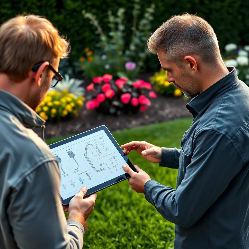 A professional technician assessing a backyard landscape with various plants. He is using a design software on a tablet to create a customized sprinkler system layout, with diagrams of water flow and nozzle placements displayed on the screen. The background has a lush green lawn and flowers blooming, showing a beautiful garden setting.