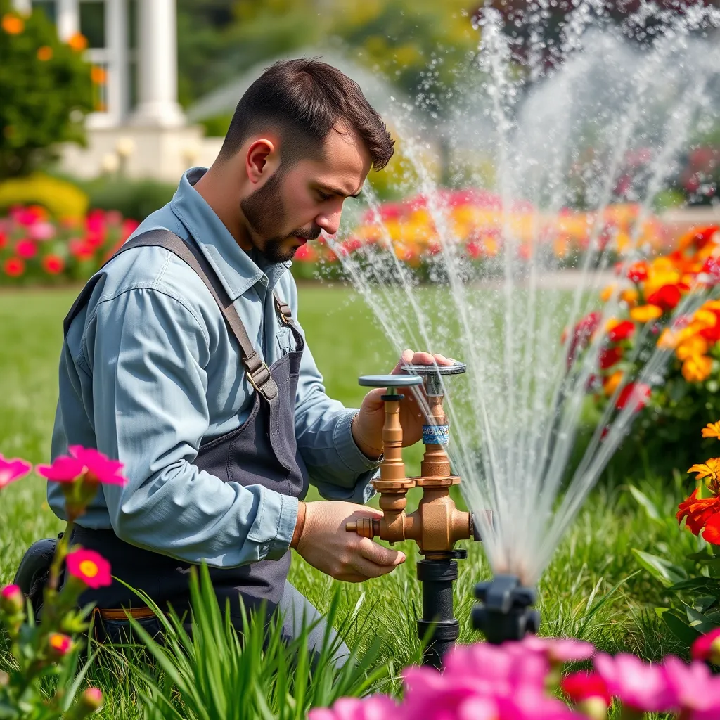 A professional technician performing maintenance on a sprinkler system in a vibrant lawn, surrounded by colorful flowers and shrubs. Close-up shot of the technician inspecting valves and heads, showcasing tools and a well-maintained irrigation system.