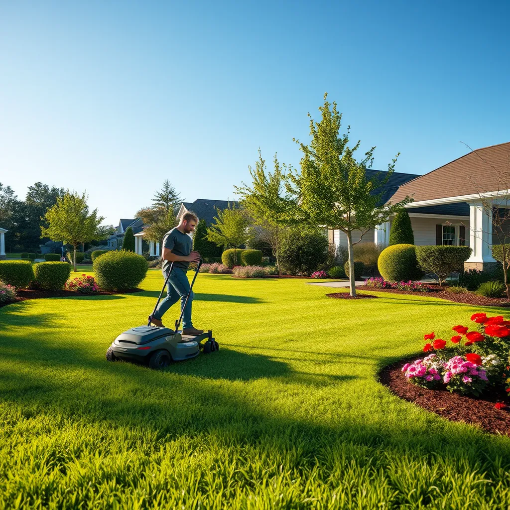 A quality, photorealistic image showing a well-maintained lawn with a professional landscaper using a lawn mower. Surrounding the lawn are trees being pruned and landscape beds with colorful flowers. The sky is clear and blue, adding to the serene outdoor atmosphere.
