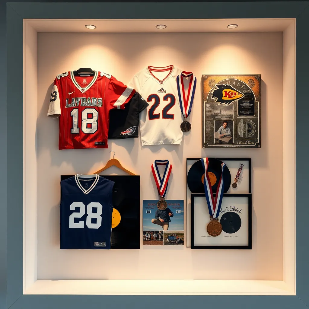 A refined display of a shadow box frame containing various personal memorabilia like sports jerseys, vintage record albums, and medals. The items are artfully arranged with a soft background to enhance the three-dimensional aspect of the display, creating a nostalgic atmosphere.