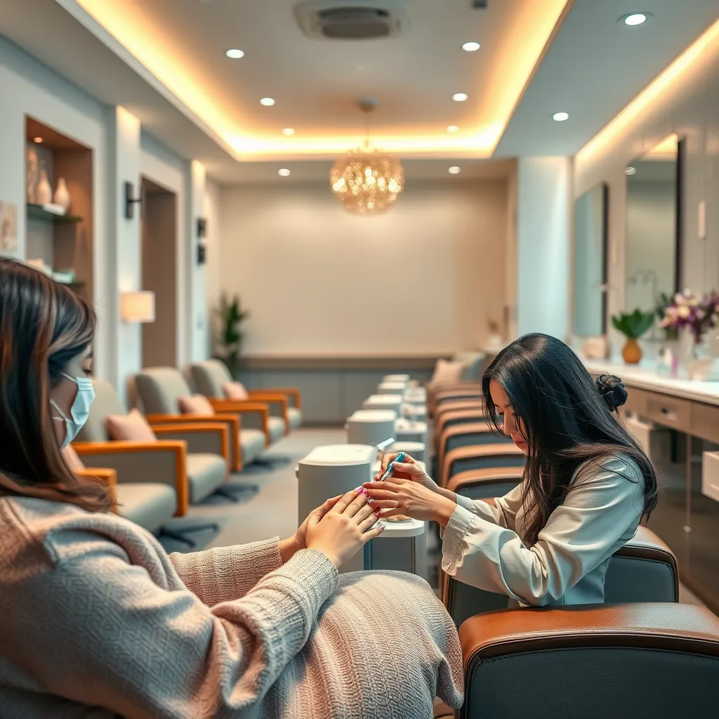 A relaxing spa environment showcasing a nail salon interior with comfortable chairs, soft lighting, and calming decor. A client receiving a spa manicure with rich colors and textures, while a nail technician expertly applies polish using environmentally responsible products.