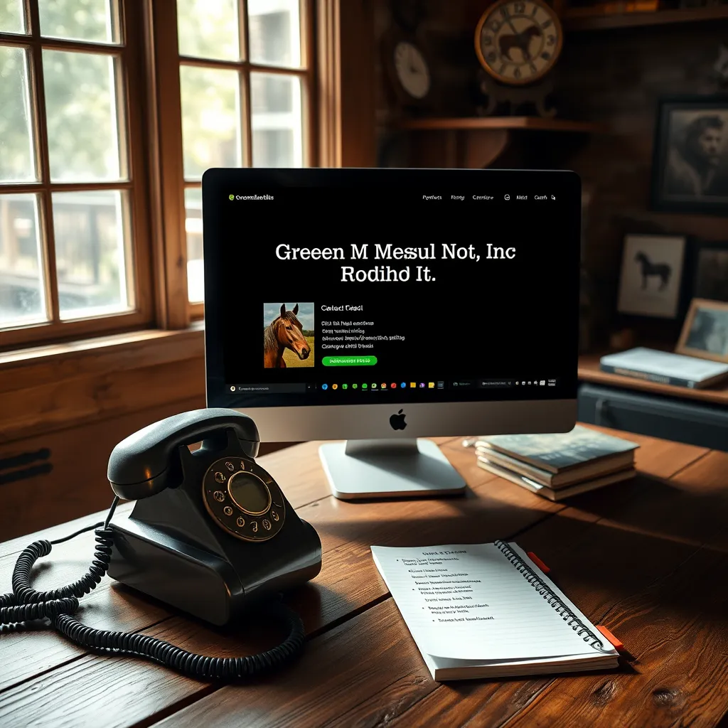 A rustic wooden desk with a vintage telephone and a computer open to a contact page for 'Green Meadow Stables Inc.'. Bright sunlight filtering through a window, with horse-themed decorations and a notepad with contacts listed.