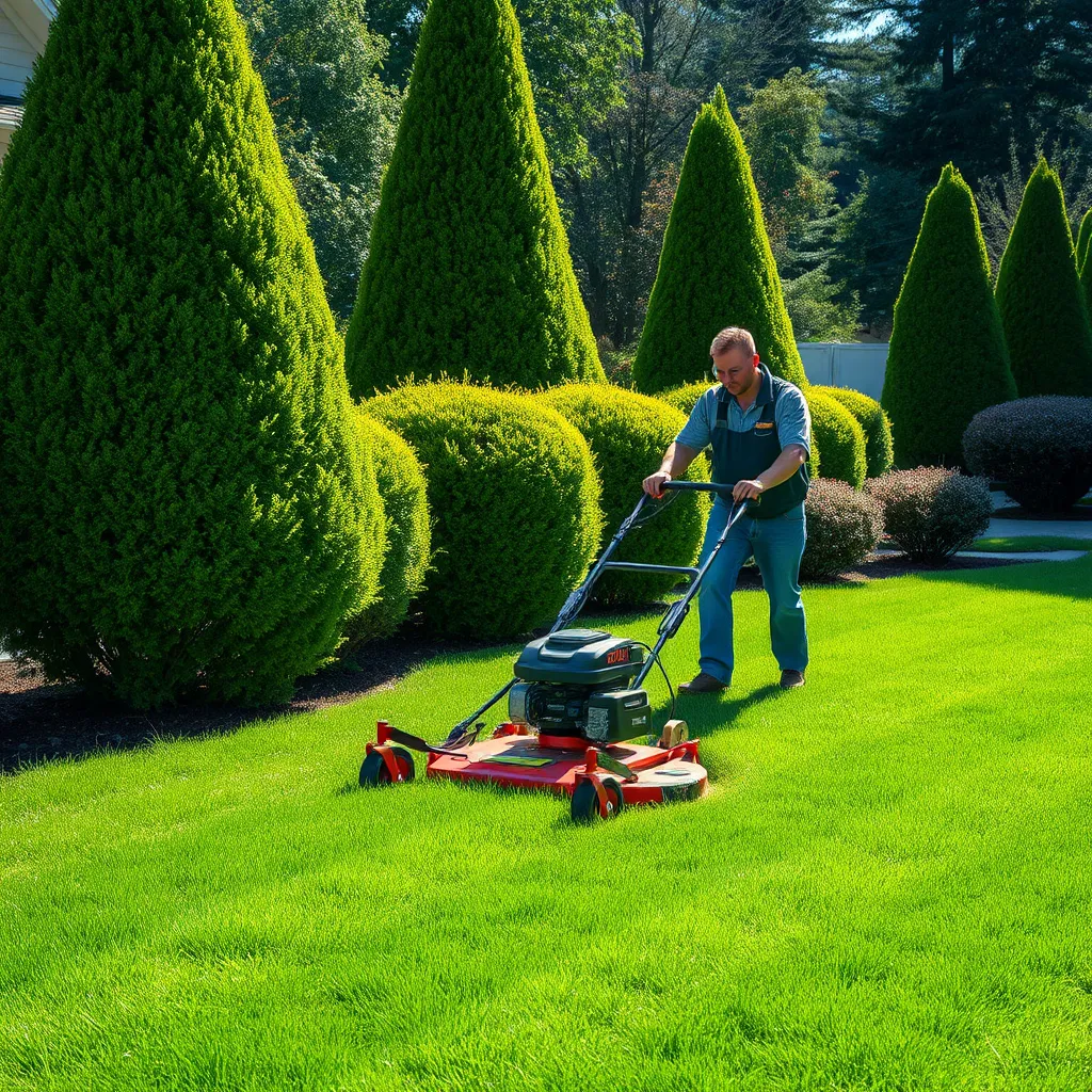 A scene depicting a professional lawn care technician using advanced equipment to cut a vibrant green lawn, surrounded by neatly pruned trees and healthy shrubs. The technician is focused, showcasing expertise, with bright sunlight illuminating the freshly cut grass.