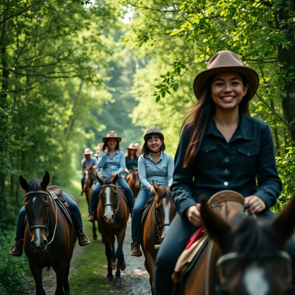 A scenic image of a diverse group of riders of different ages, smiling and enjoying a trail ride through a beautiful wooded path, with green trees surrounding them and a serene atmosphere that highlights the joy of horseback riding.