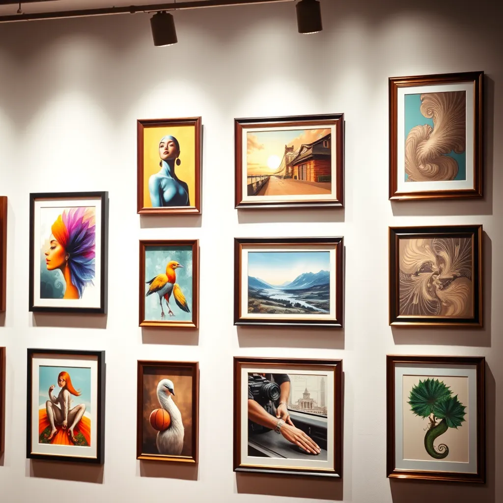 A selection of stunningly framed art prints hanging in a well-lit gallery. Each frame showcases unique styles, including modern and classic, with vibrant colors and intricate details. The background is adorned with soft lighting to accentuate the beauty of the artwork.