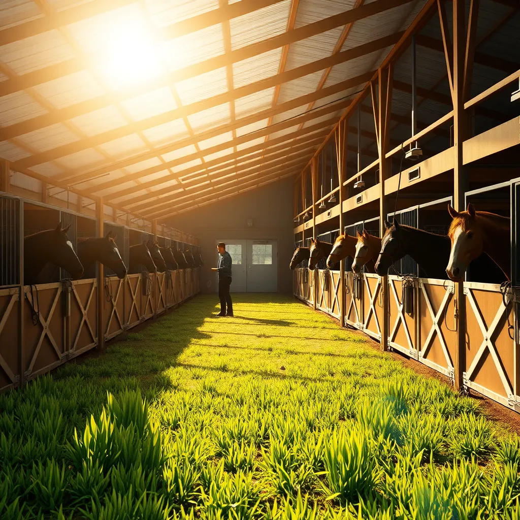 A serene, well-maintained horse stable in Boston featuring clean stalls, healthy horses being cared for by attentive staff, and lush green pastures in the foreground. The warm sunlight casts a welcoming glow, highlighting the harmonious environment.