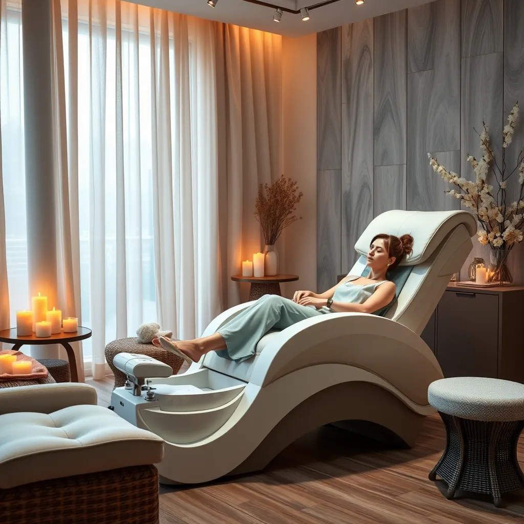 A serene and inviting nail spa environment, featuring a plush pedicure chair with a client receiving a soothing pedicure. The room should have soft lighting, candles, and nature-inspired decor, creating a tranquil ambiance where clients can unwind and enjoy pampering treatments.