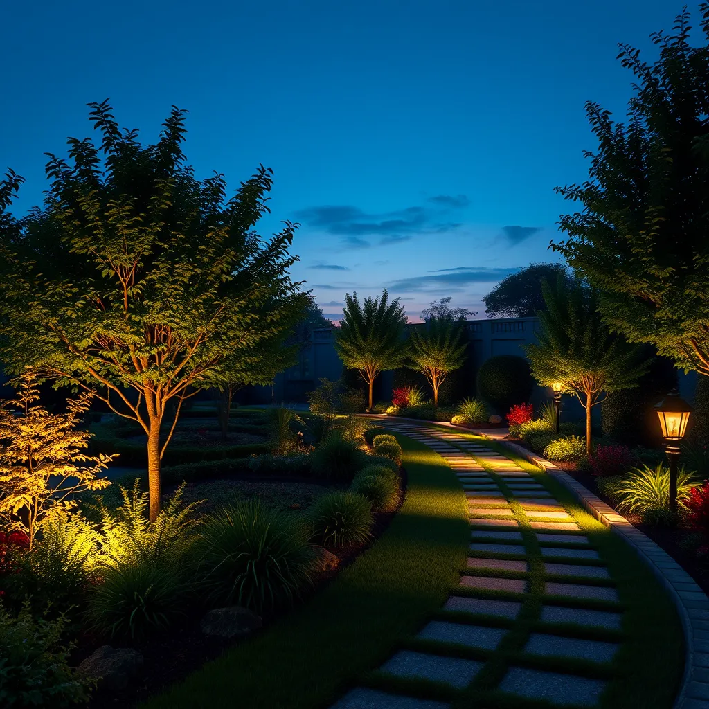 A serene evening garden scene with well-placed landscape lighting along a winding path. The lights cast soft shadows on lush greenery, enhancing trees and decorative plants. The pathway is framed by stone borders, with a twilight sky in the background.