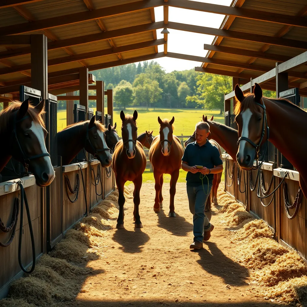 A serene horse stable scene featuring well-kept stables with clean bedding, happy horses interacting with caring staff, lush green pastures in the background, and a bright, sunny day, showcasing the warmth and professionalism of horse care.
