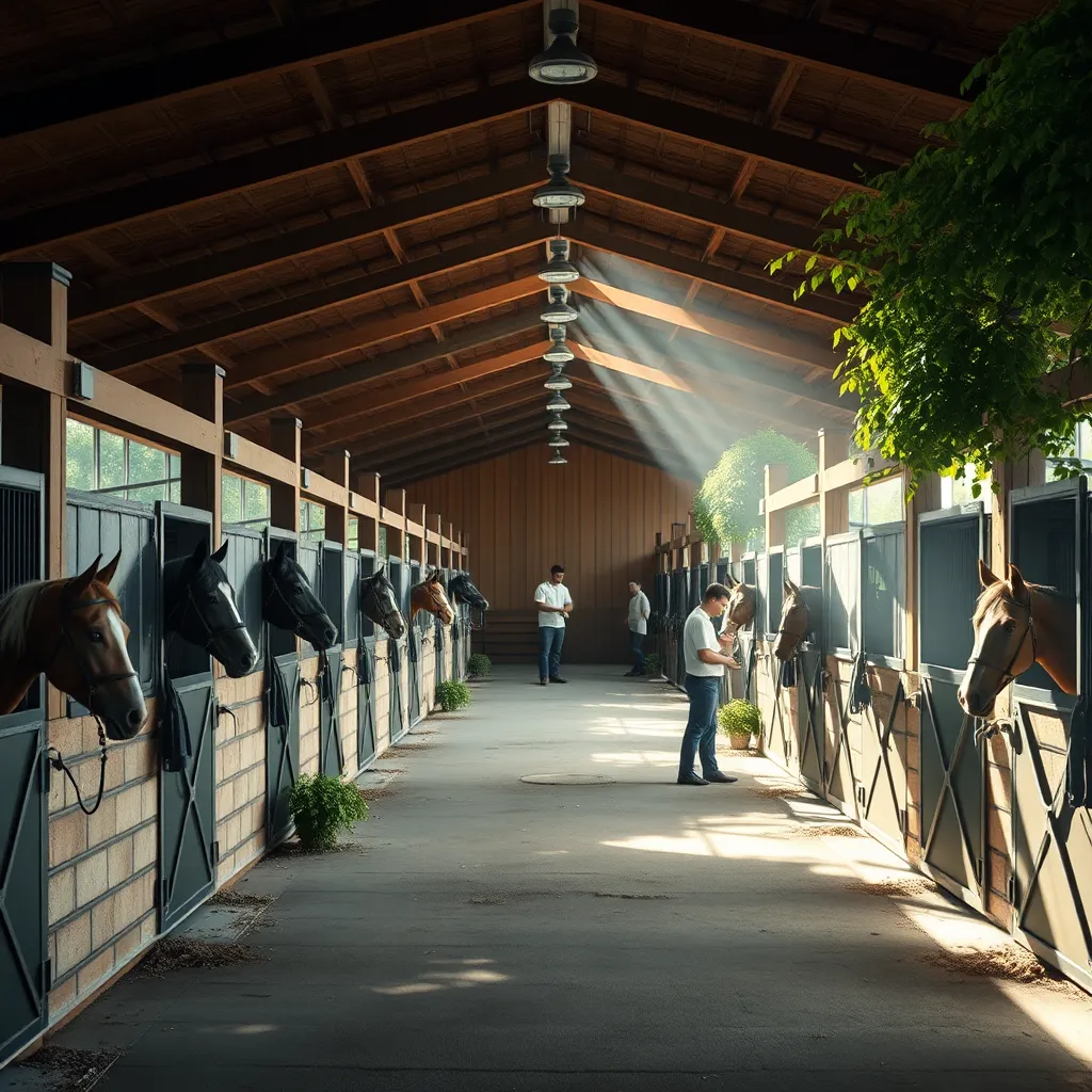 A serene horse stable with 57 neatly organized stalls, surrounded by lush greenery and sunlight streaming through the windows. Horses are seen peeking out of their stalls, with staff members caring for them. The overall atmosphere is calm and welcoming.