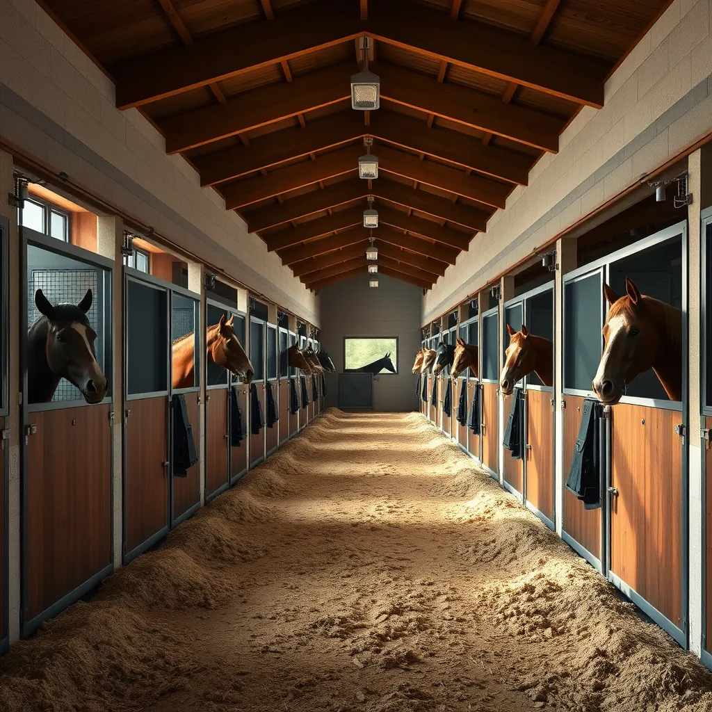A serene image of well-maintained horse stalls within a modern stable. Each stall should be spacious with clean bedding, healthy horses peeking out, and natural light streaming in. The overall atmosphere should convey safety and comfort.