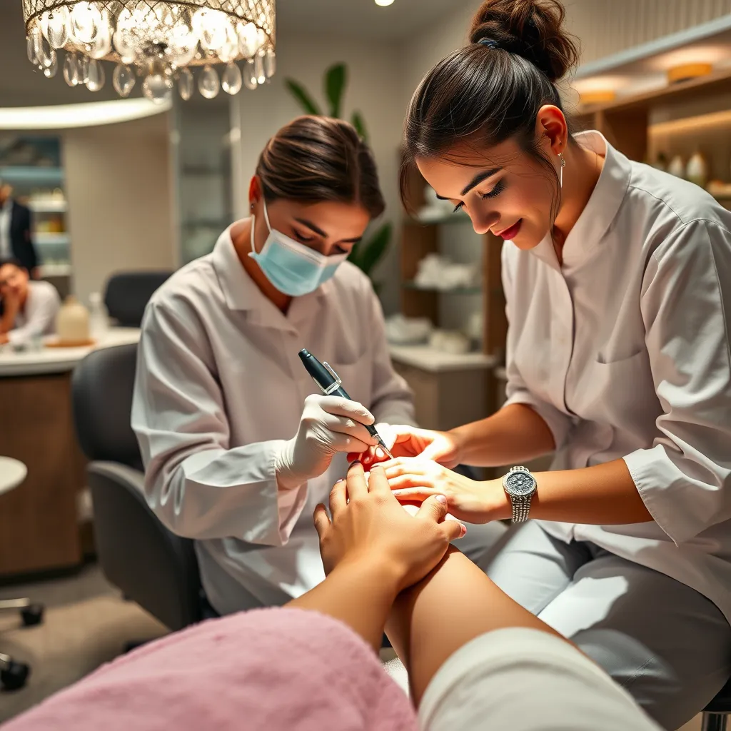 A serene nail salon environment with a skilled technician performing a luxurious spa manicure on a client's hands. The setting should have soft lighting, a comfortable chair, and inviting decor, with products like spa creams and oils displayed in the background.