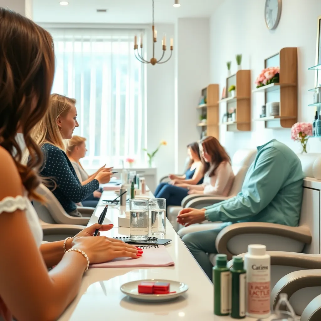 A serene nail salon environment with happy customers enjoying manicures and pedicures. Show intricate nail designs being painted, with natural light streaming in. Include a friendly nail technician engaging with a client, surrounded by eco-friendly nail products.