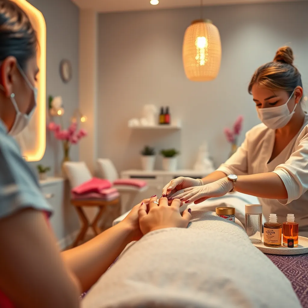 A serene nail salon environment with soft lighting and relaxing ambiance. A customer receiving a spa manicure with warm towels, vibrant nail polish colors, and a nail technician gently performing a sugar scrub, surrounded by calming decor and essential oils.