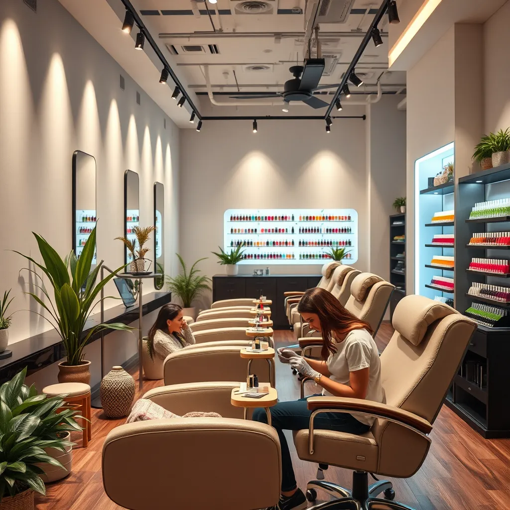 A serene nail salon interior, featuring comfortable spa chairs, soft lighting, and decorative plants. A customer being pampered with a manicure, a beautician carefully applying shellac polish. Vibrant nail polish colors displayed on a stylish rack in the background.