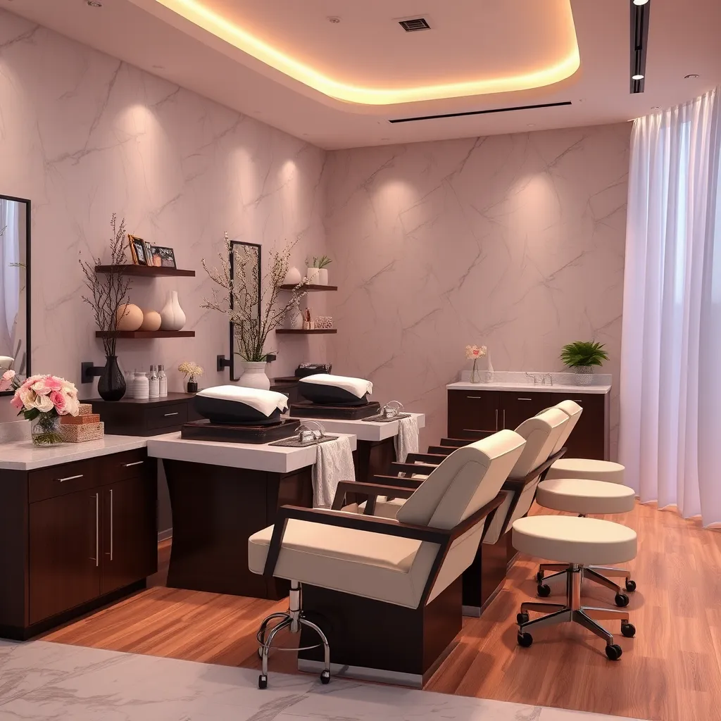 A serene nail salon interior showcasing a beautifully set spa station. Display a luxurious manicure station with hot stone treatment, paraffin wax, and calming decor. Include soft lighting and fresh flowers to enhance the relaxing ambiance.