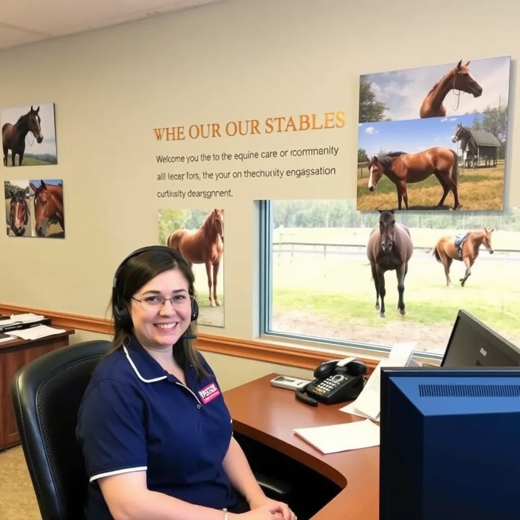 A serene office environment at Green Meadow Stables with a friendly staff member answering a phone. The background showcases horse-related images and a welcoming atmosphere, reflecting a passion for equine care and community engagement.