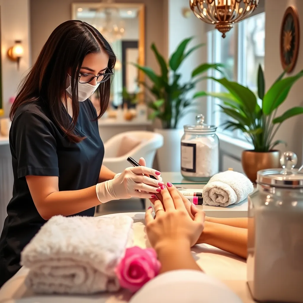 A serene scene in a nail salon with a client receiving a luxurious spa manicure. The technician is applying a vibrant shellac polish while soft towels and a sugar scrub jar are in the background. The salon is bright and inviting, showcasing elegant decor and lush plants.