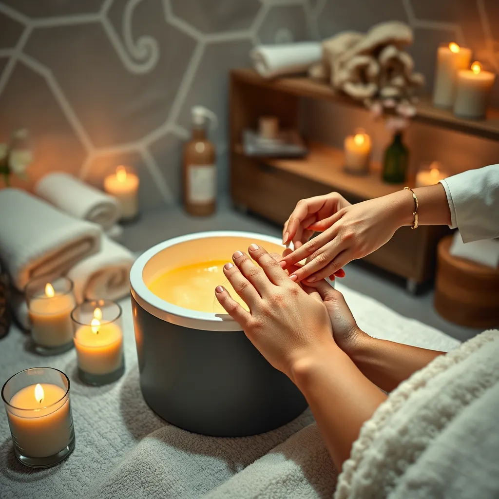A serene setting showing a client enjoying a paraffin wax treatment during a manicure session. The focus is on the soothing application of warm wax, surrounded by cozy spa elements such as soft towels, aromatic candles, and refreshing decor.