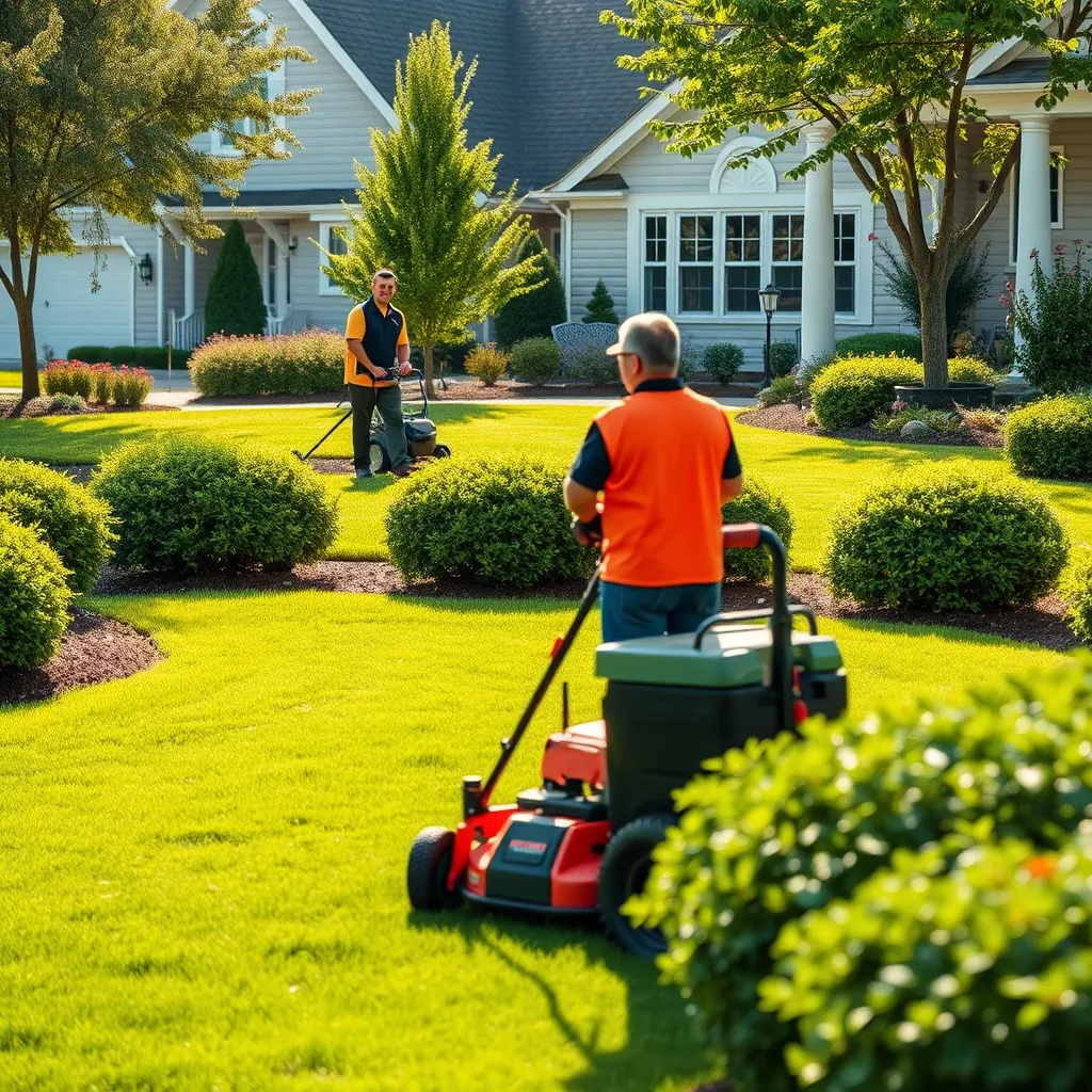 A serene suburban landscape showcasing a manicured lawn with vibrant green grass and well-trimmed shrubs. In the background, a friendly lawn care professional uses modern equipment while a satisfied homeowner observes their beautiful yard, highlighting the commitment to excellence.