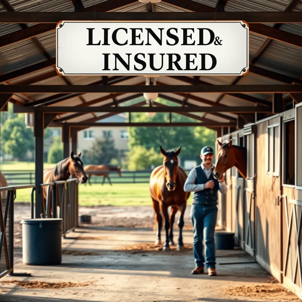 A serene view of a well-maintained horse stable with a sign that says 'Licensed & Insured'. Horses are seen grazing peacefully in the background, while a friendly stable worker attends to them, showcasing the professionalism and trustworthiness of the facility.