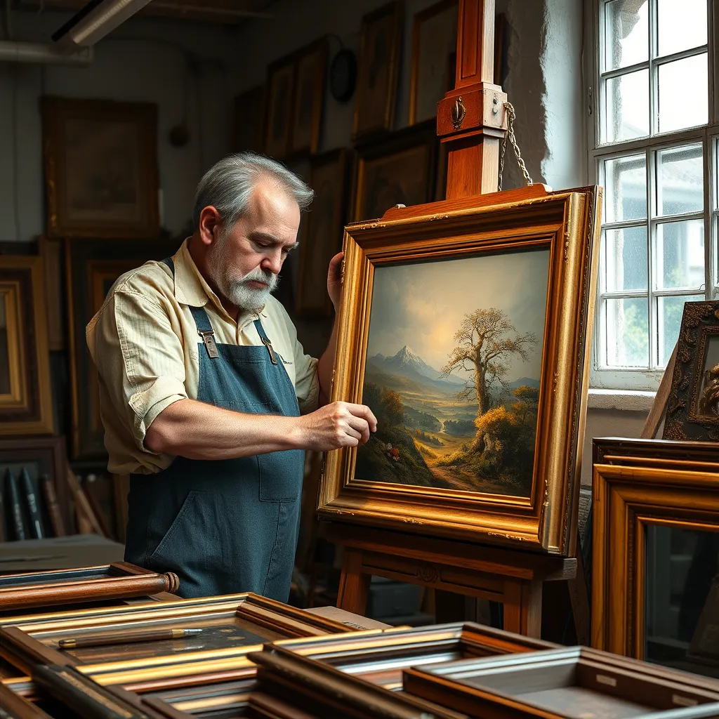 A skilled artisan carefully framing an oil painting in a well-lit studio. The artist, with a focused expression, uses elegant wooden materials. Various framing tools and a selection of luxurious frames are visible, showcasing a blend of craftsmanship and artistry.