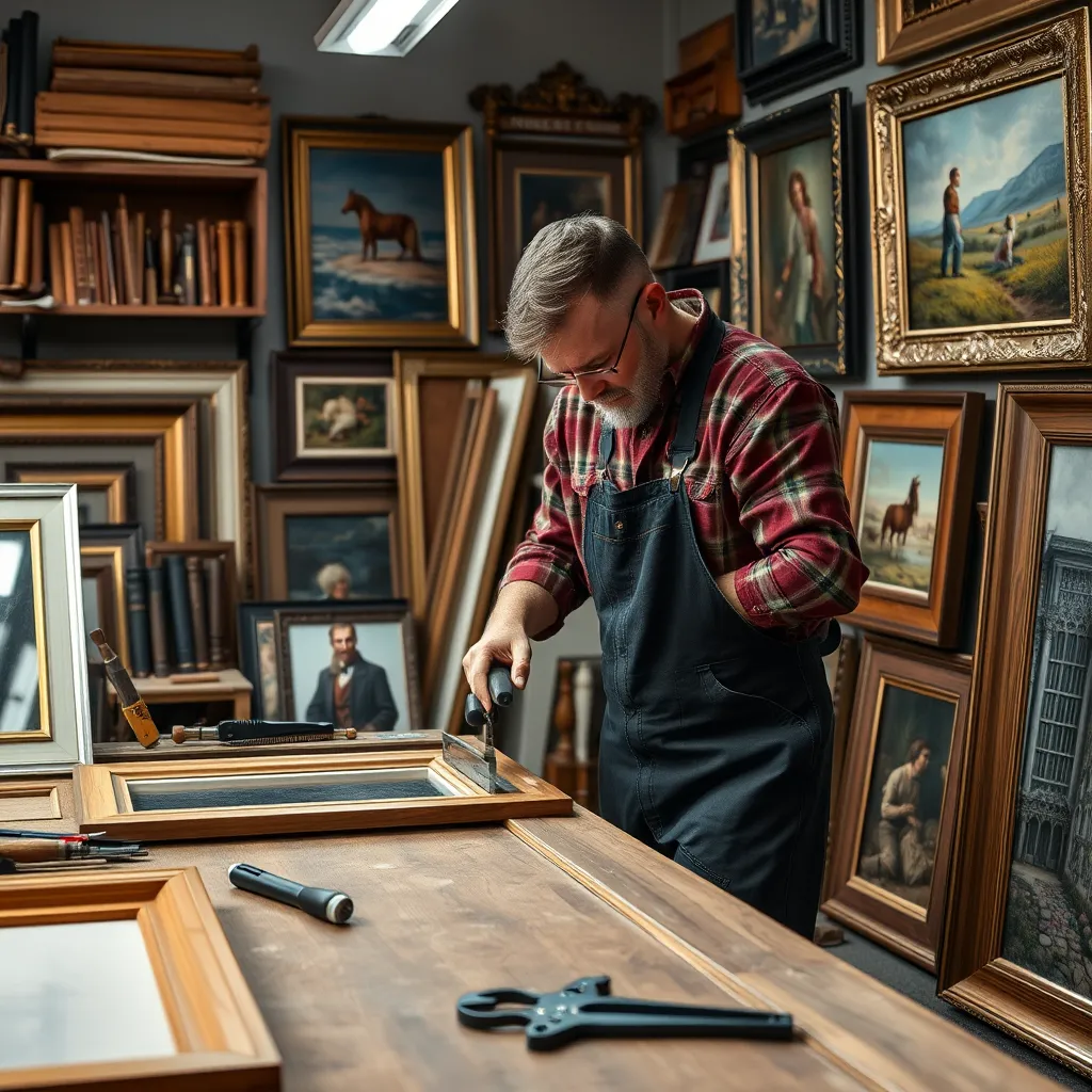 A skilled craftsman at Amethyst Framing Inc. measuring and cutting materials for a custom frame, surrounded by tools, various framing samples, and beautifully framed art pieces showcasing the attention to detail and craftsmanship.