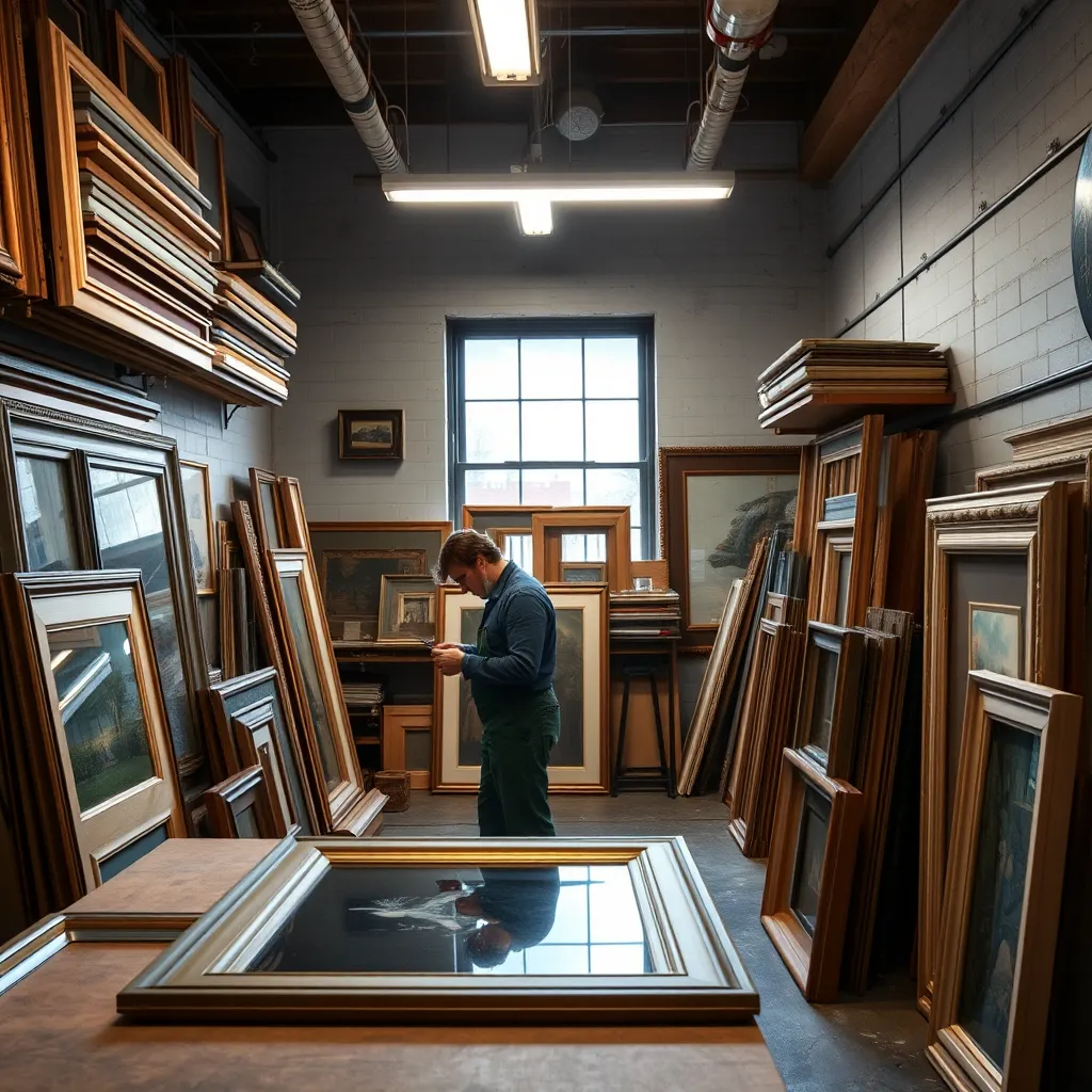 A skilled framer in a well-lit workshop at Amethyst Framing Inc. in Boston, meticulously working on an art piece, surrounded by various framing materials like wood mouldings and mat boards, with finished frames displayed prominently.