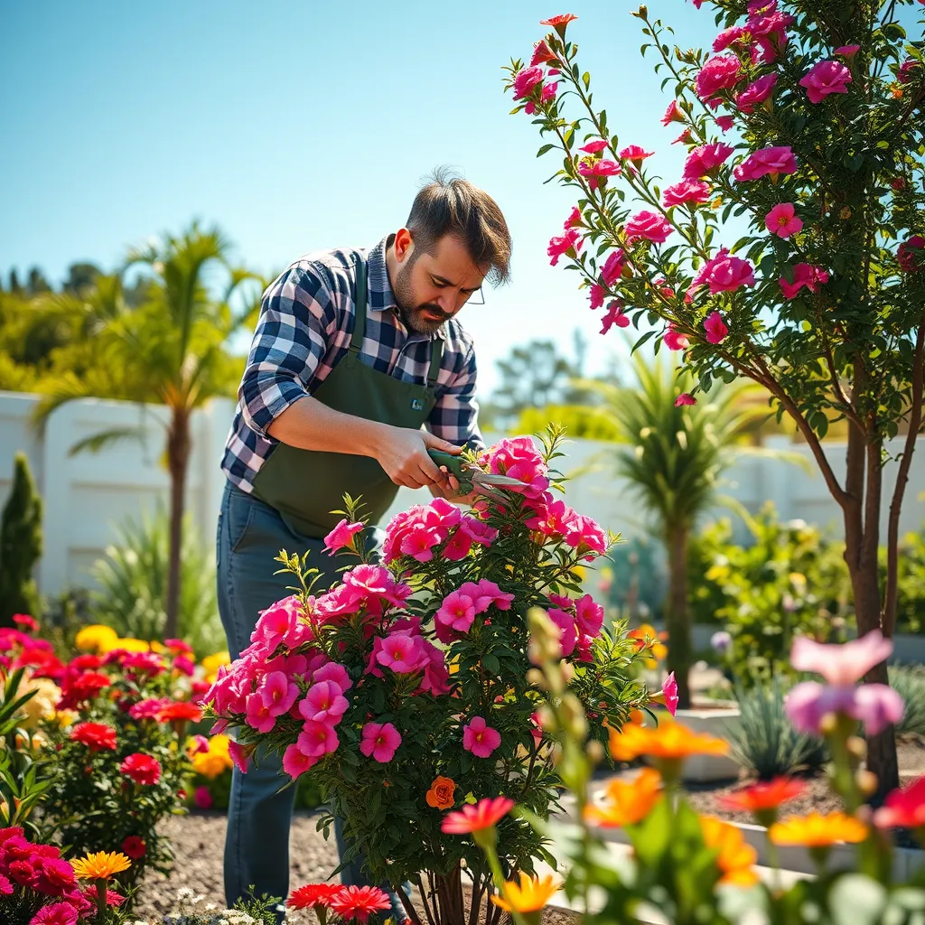 A skilled gardener pruning a vibrant flowering shrub in a sunny backyard. Nearby, a well-maintained tree is being gently pruned. The area is surrounded by colorful flowers and a clear blue sky, showcasing a beautiful garden setting.