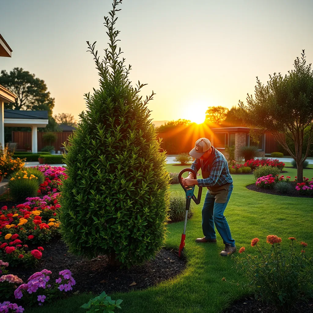 A skilled gardener trimming a lush shrub and pruning a tree in a beautifully landscaped yard, with colorful flowers and well-defined garden beds in the background. The sun is setting, casting a warm glow over the vibrant foliage.