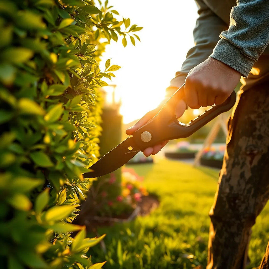 A skilled gardener trimming vibrant green shrubs and expertly pruning tree branches in a well-maintained garden. The image captures a warm, golden hour glow with dramatic side lighting that enhances the textures of leaves and bark. The color palette includes warm greens, browns, and hints of colorful flowers in the garden. The perspective is a close-up shot that focuses on the gardener's hands using professional tools like shears and saws. The texture of the freshly cut leaves and bark is highly detailed, conveying a sense of cleanliness. In the background, a colorful array of flowers and well-kept grass adds charm to the scene. The artistic style is reminiscent of Claude Monet's impressionism, emphasizing light and color variations, presented in an ultra-detailed and hyperrealistic manner in 8K resolution.