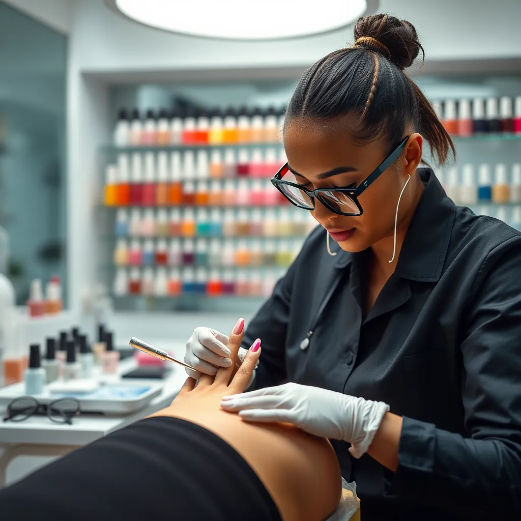 A skilled nail technician providing a detailed acrylic nail service to a client. Showcase a variety of nail polish colors and nail designs in the background. Ensure the setting is bright and clean, highlighting professionalism and craftsmanship.