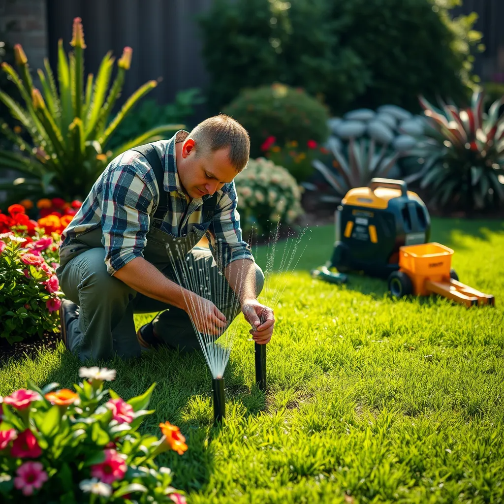 A skilled technician expertly installing high-quality sprinkler heads in a lush green lawn, surrounded by vibrant flowers and shrubs. The sun is shining, showcasing the freshness of the landscape. Include tools and equipment in the background for context.