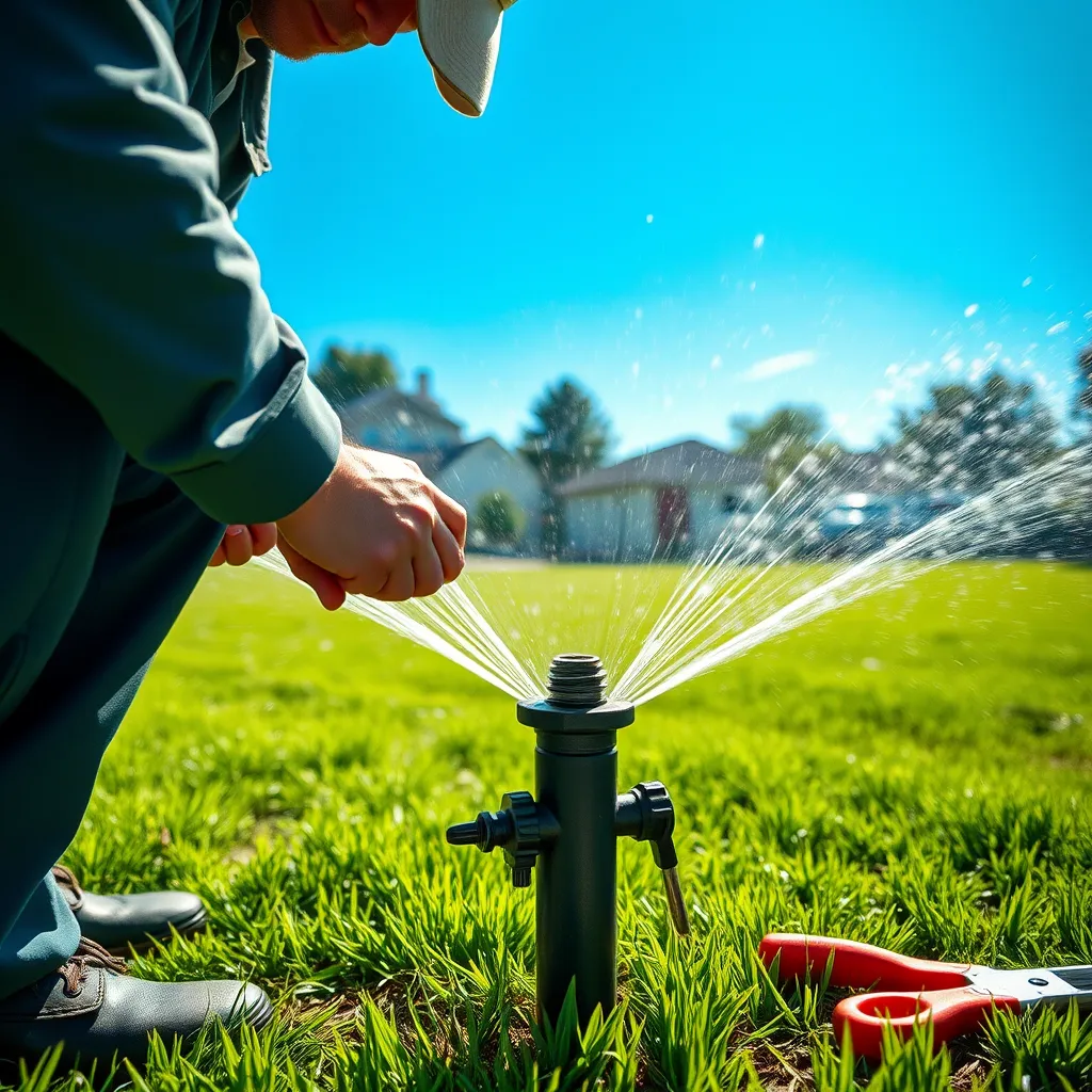 A skilled technician working on a lawn sprinkler system in a vibrant green yard, showcasing a damaged sprinkler head being replaced with precision. Bright sunlight illuminates the scene, with a lush lawn in the background and tools neatly organized nearby.