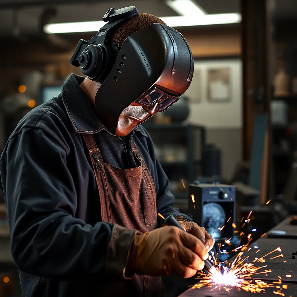 A skilled welder in a workshop using different welding techniques, with detailed sparks and glow from MIG, TIG, plasma arc, and forge welding in separate small sections, exhibiting precision and mastery in each style.