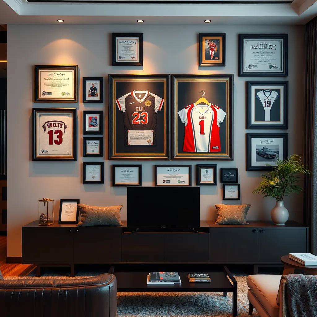 A sleek display featuring framed certificates, sports jerseys, and awards on a wall in a contemporary office or living room. The frames are polished and professionally arranged, with a backdrop that emphasizes the importance of achievements and memories.
