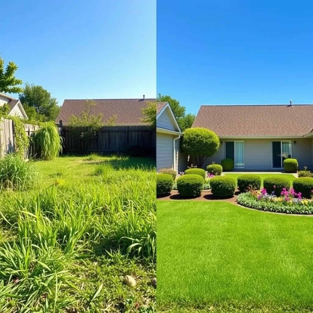 A split image showing a before and after of a neglected yard transformed into a beautiful, lush green lawn with colorful flower beds. The 'before' side has overgrown grass and weeds, while the 'after' side features well-manicured grass and neatly trimmed shrubs under a bright blue sky.