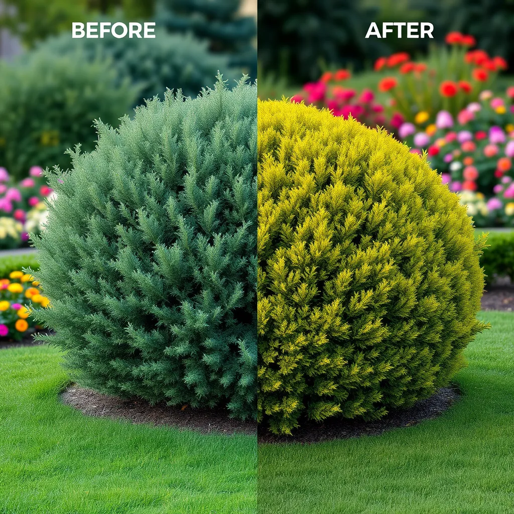 A split image showing a bush before and after trimming. The left side has an overgrown, unruly bush, while the right side shows a perfectly shaped, well-maintained shrub. The background features a garden with colorful flowers.