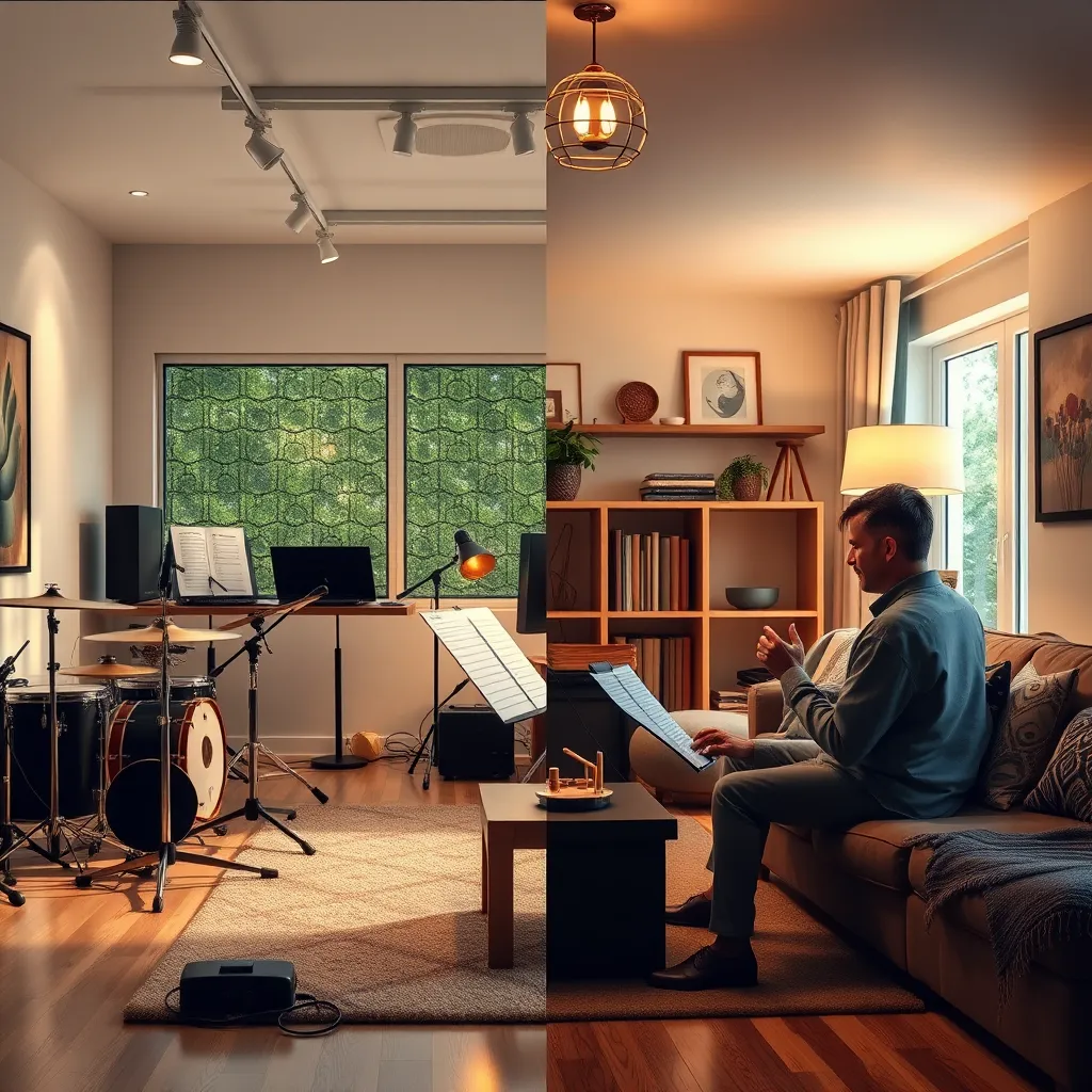 A split scene showing two settings: one half of the image features a modern music room with instruments and a teacher giving a lesson, and the other half depicts a cozy living room where the same teacher conducts an in-home music lesson.