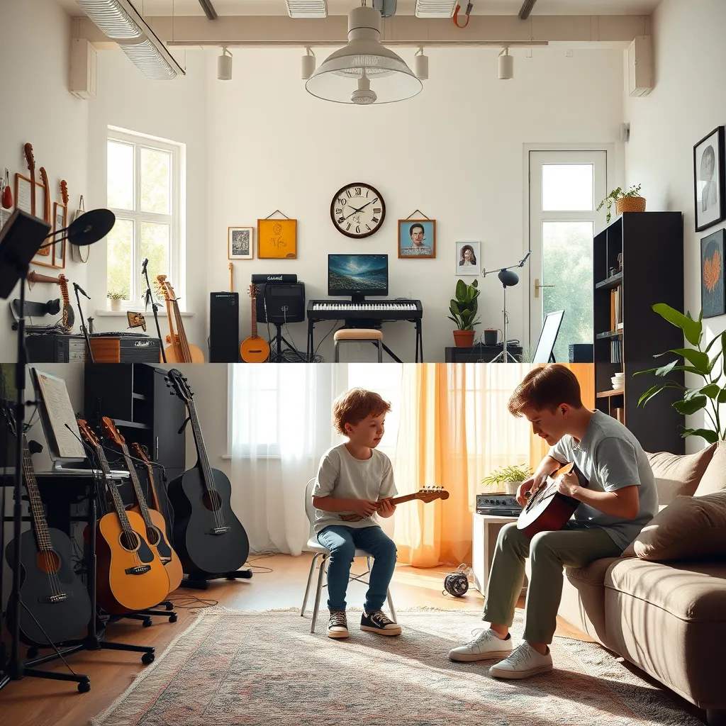 A split scene showing two settings: a bright, organized music studio with various instruments and a home living room with a student having a music lesson. Both scenes feature the same friendly teacher, creating a sense of flexibility and comfort.