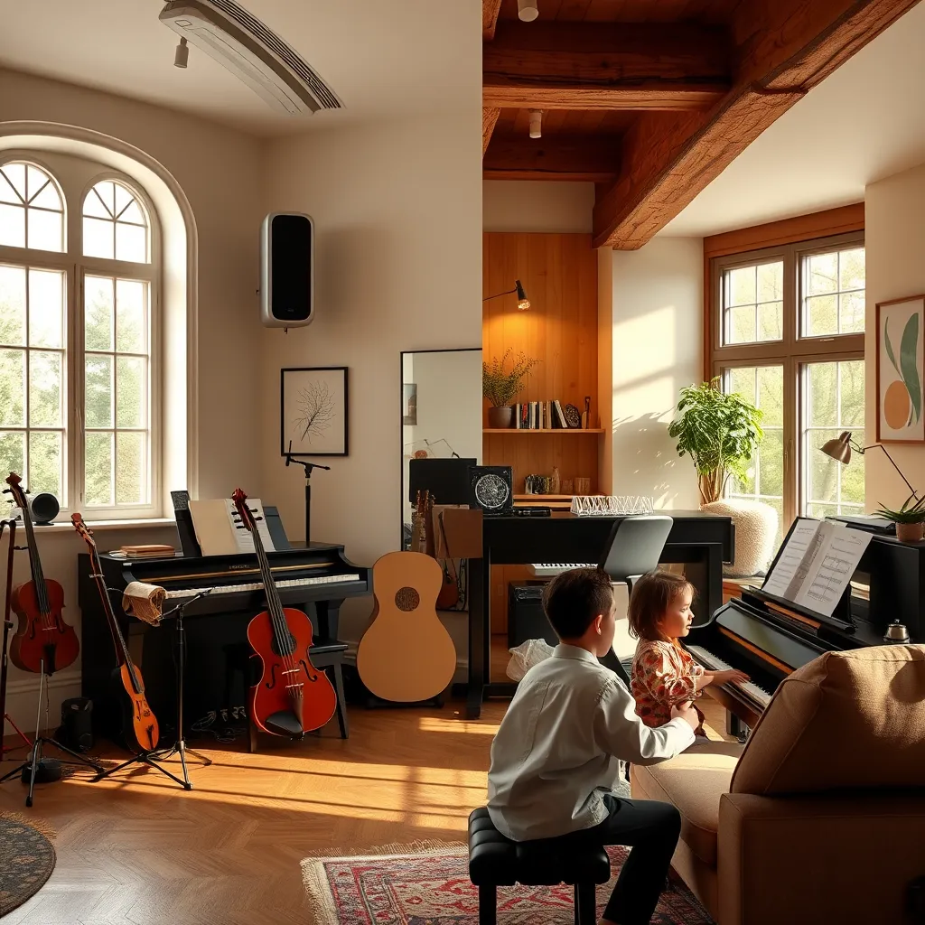 A split-screen image: one half showing a bright music studio with a piano, guitar, and violin, and the other half showing a cozy living room where a music teacher is giving a piano lesson to a student.