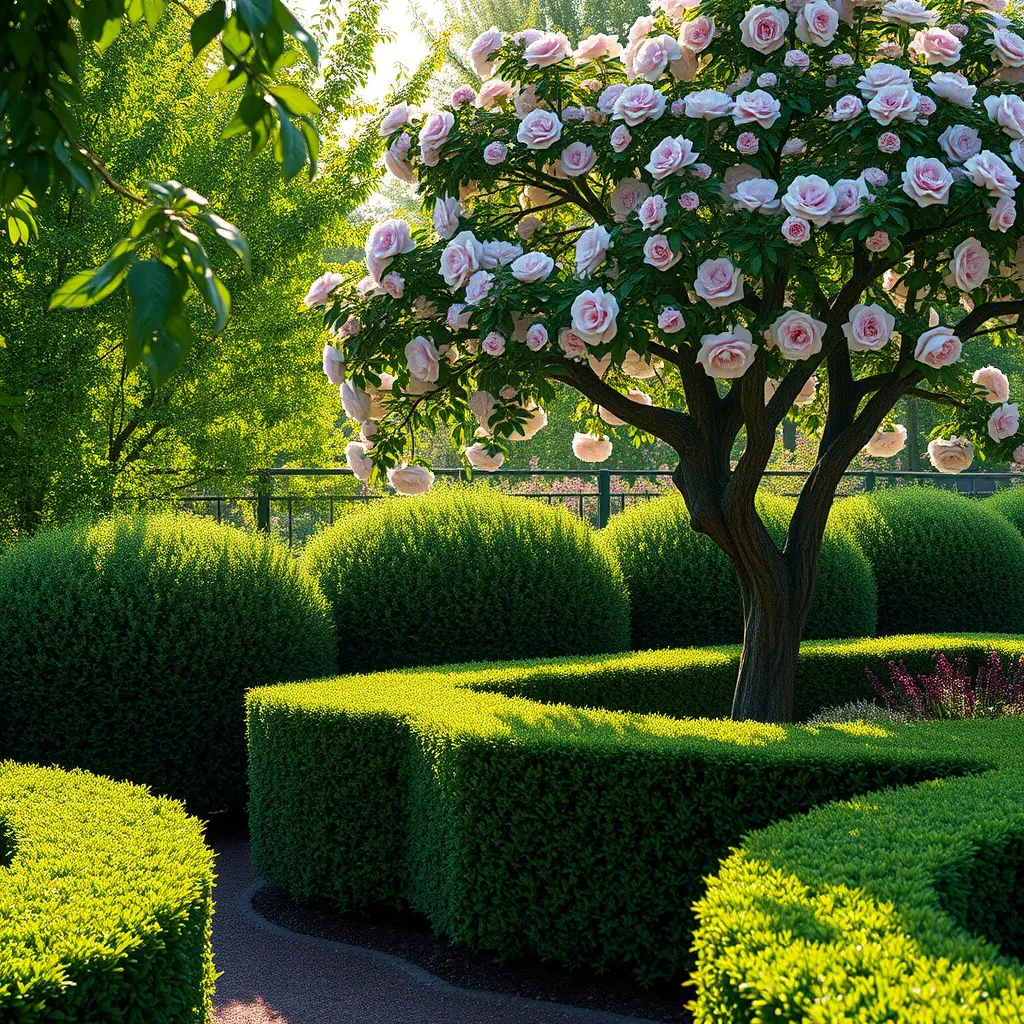 A stunning garden scene featuring neatly trimmed hedges and a elegantly pruned flowering tree. The colors are vibrant, with flowers in bloom, and the sunlight filtering through the leaves creating a dappled light effect.