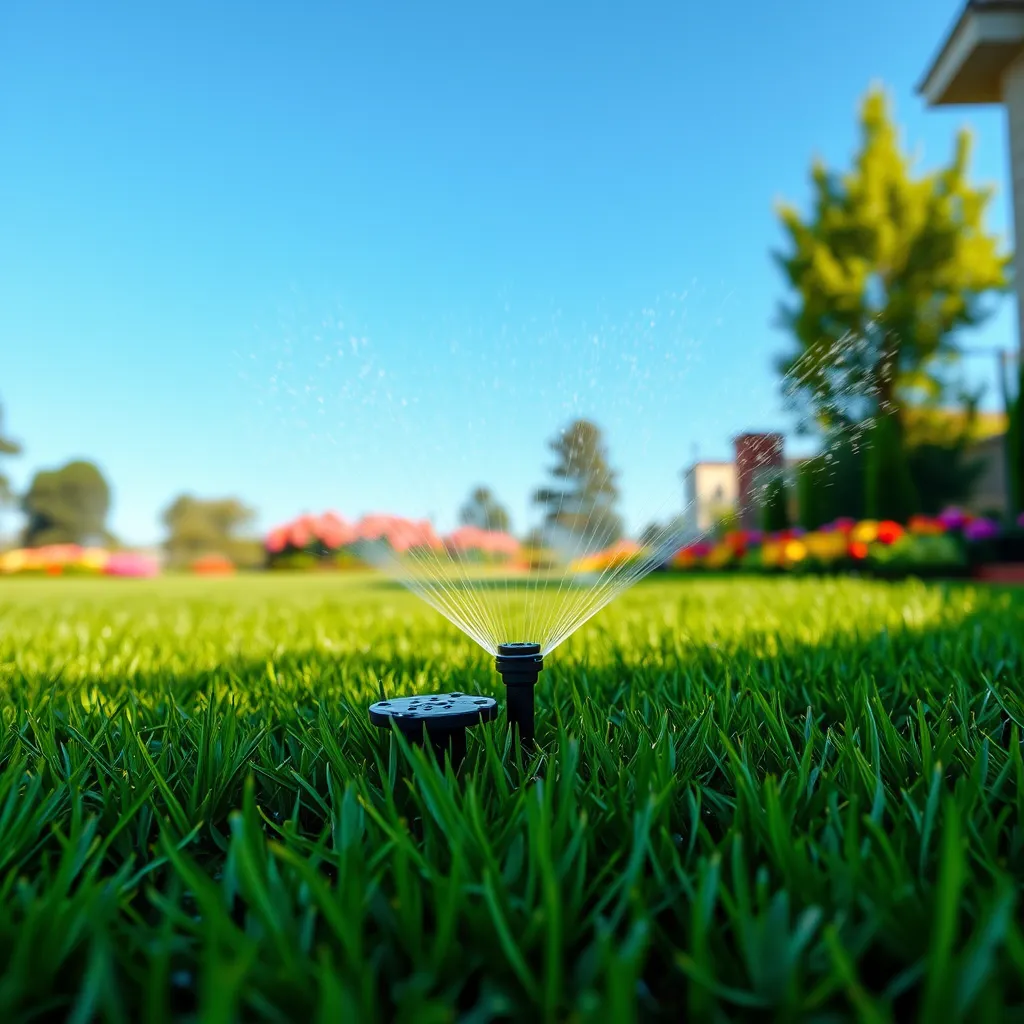 A stunning landscape showing a freshly installed sprinkler system in a lush, green lawn. The scene captures multiple sprinkler heads arranged strategically for even water distribution. Soft diffused lighting highlights the dew on the grass, creating a vibrant atmosphere. The color palette includes rich greens, with hints of earthy tones from surrounding flower beds. The image is composed from a low angle, showcasing the beauty of the landscape and banking up towards a clear blue sky. Textures are visible in the grass blades and soil, emphasizing the detail of a well-maintained yard. Background elements include colorful flower beds and shrubs, enhancing the overall vibrancy of the scene. The style is inspired by nature photography, capturing the tranquil essence of residential landscaping. This image should be in 8K resolution, hyperrealistic, and ultra-detailed.