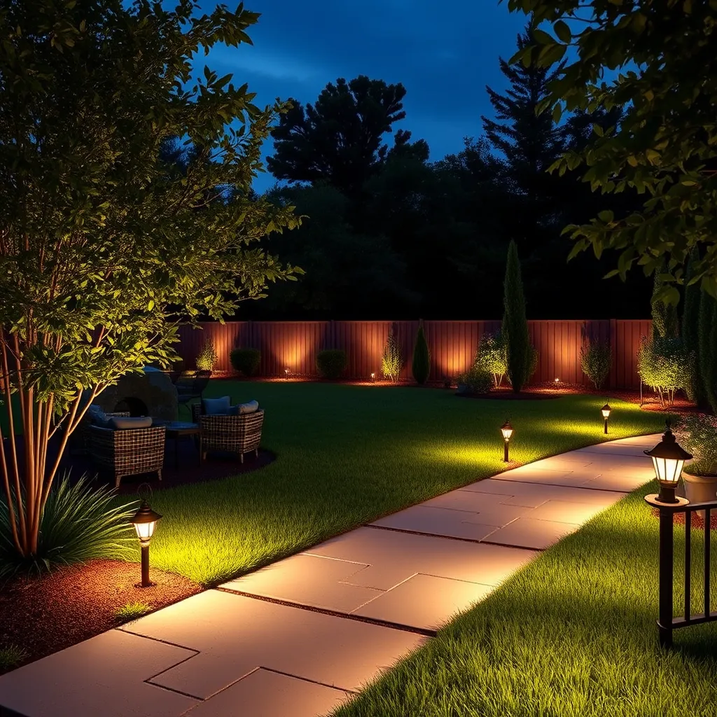 A stunning outdoor evening scene showcasing well-placed lawn lighting around a cozy patio and pathway. Soft lights highlight the landscaping and create ambiance, while illuminating dark areas, making the space inviting and secure.