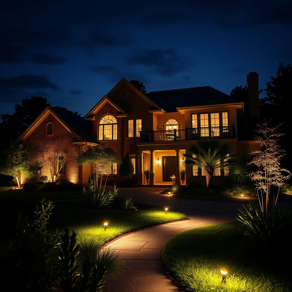 A stunning view of a home at night, with beautifully designed landscape lighting highlighting architectural features and garden plants. The foreground includes strategically placed lights that create shadows and emphasize beauty, all against a dark sky.